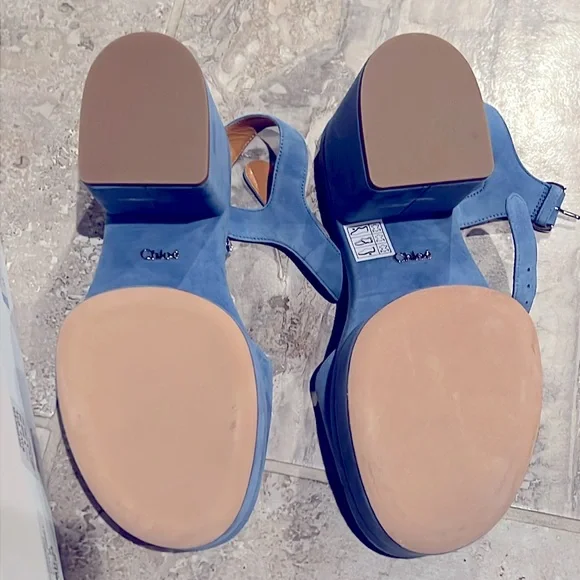 Chloé Odina Blue High Heel Platform Sandals, Size 38 NEW +2 DustBags